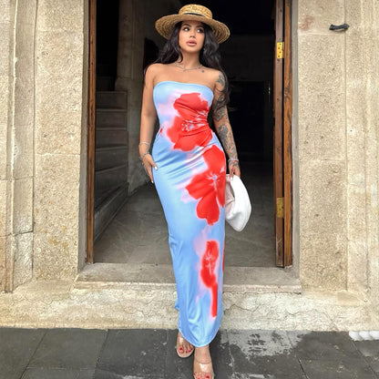 Slim Slit Tube Long Dress Summer Sexy Pint Party Beach Dresses Women's Clothing