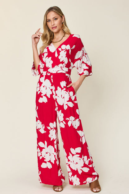 Double Take Full Size Printed Tie Back Wide Leg Jumpsuit Deep Rose