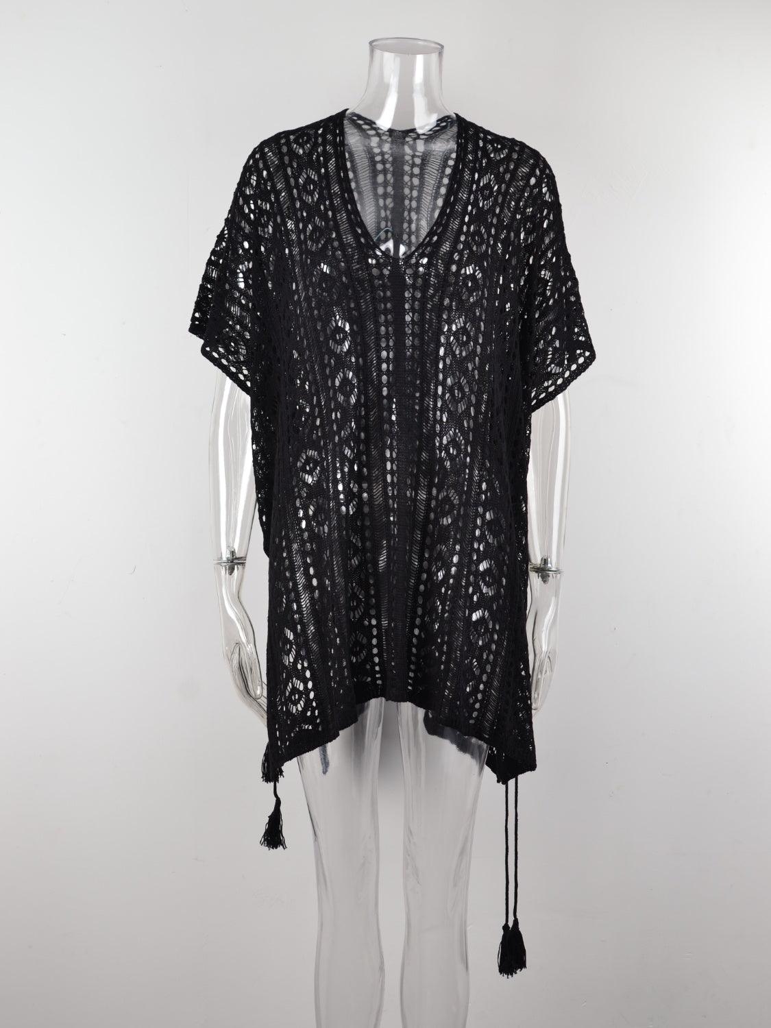 Cutout V-Neck Cover-Up with Tassel Black One Size