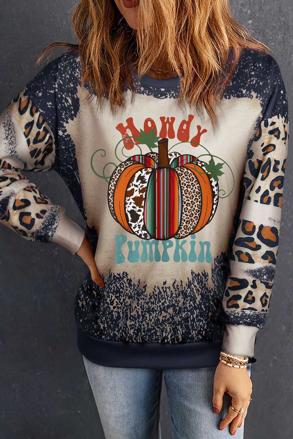 Pumpkin Graphic Long Sleeve Sweatshirt Leopard