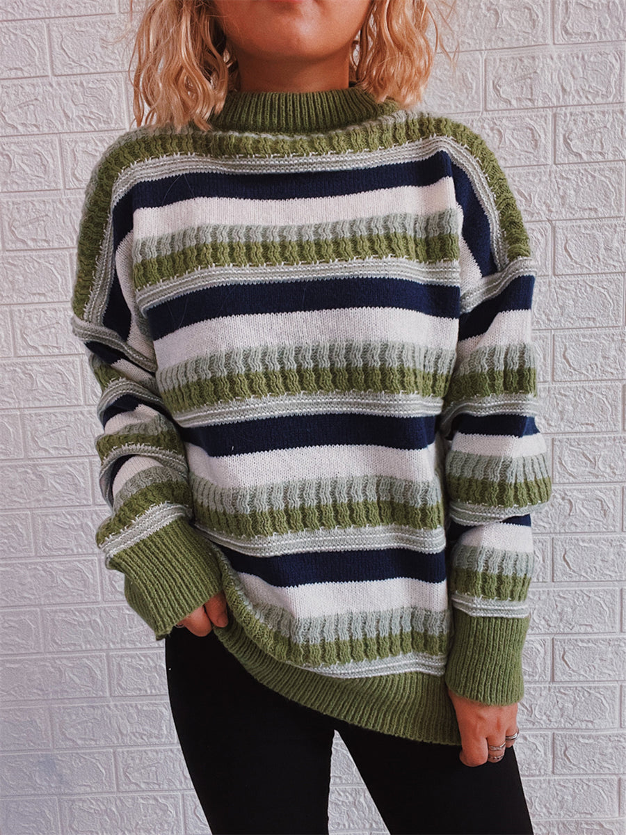 Striped Drop Shoulder Round Neck Sweater Moss