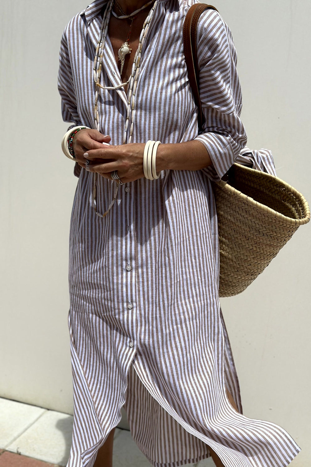 Tied Button Up Three-Quarter Sleeve Dress Mocha