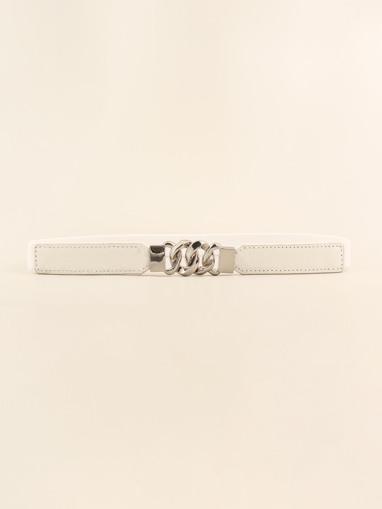 Zinc Alloy Buckle Elastic PU Belt White Silver One Size