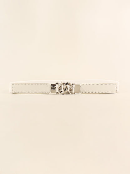 Zinc Alloy Buckle Elastic PU Belt White Silver One Size