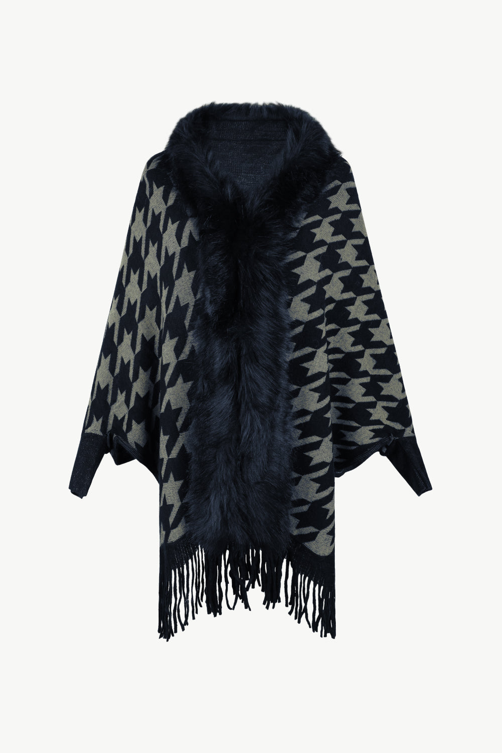 Houndstooth Fringe Hem Poncho - Thandynie