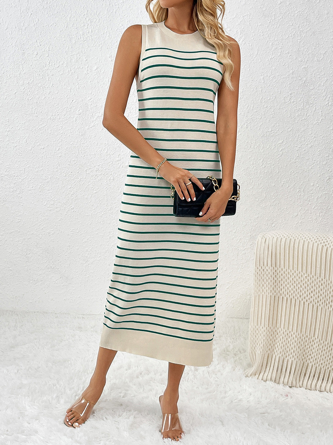 Round Neck Sleeve Midi Knit Dress Green