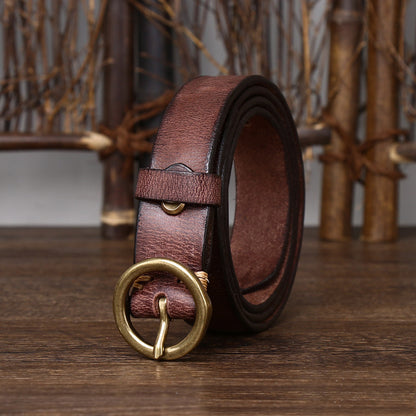 Women's Fashion Leather Jeans Belt With Brass Buckle Coffee