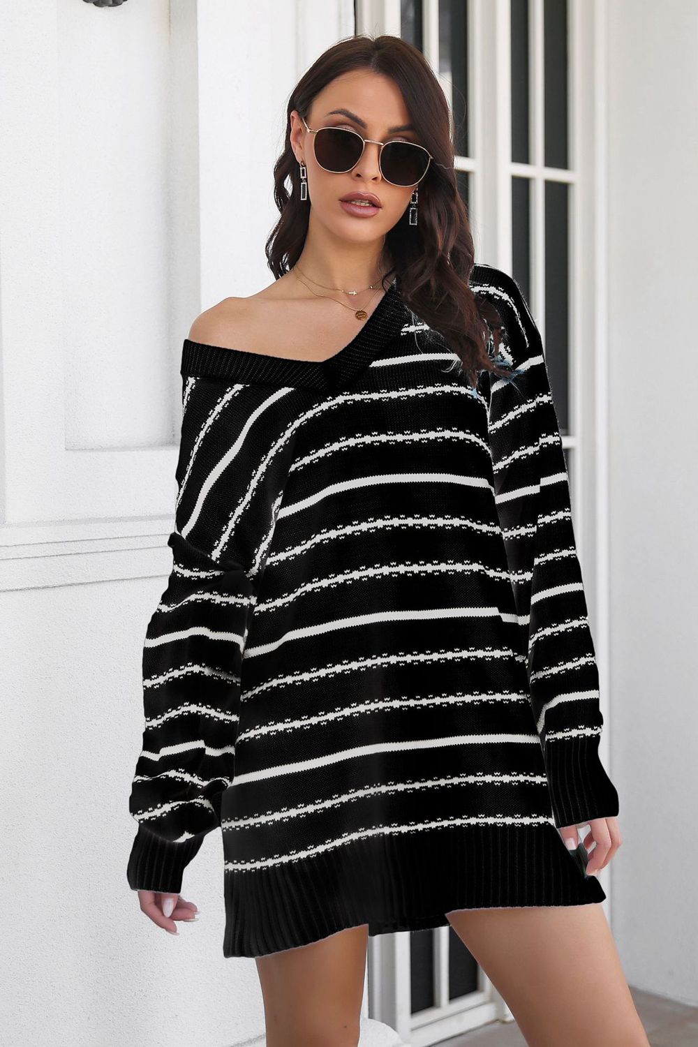 Striped V-Neck Sweater Dress Black