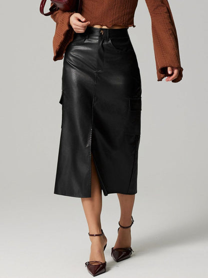 Slit Midi Skirt with Pockets Black