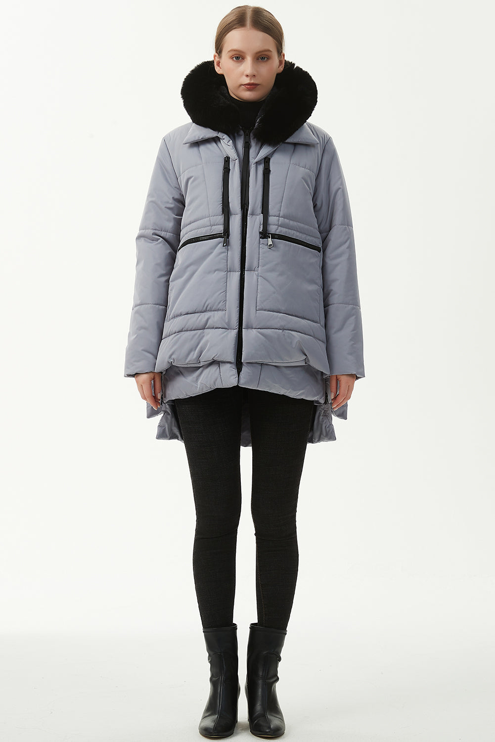 Light Grey Plush Linen Zip Up Hooded Puffer Coat