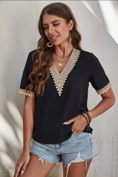 Full Size Lace Detail V-Neck Short Sleeve Blouse Black