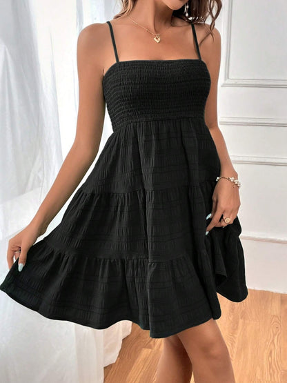 Smocked Tiered Sleeveless Mini Dress - 100% Polyester, Opaque, Chic Summer Style Black