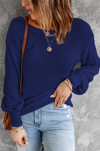 Double Take Tied Balloon Sleeve Round Neck Sweater Blue