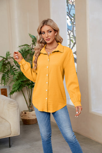 Collared Neck Buttoned Long Sleeve Shirt Tangerine