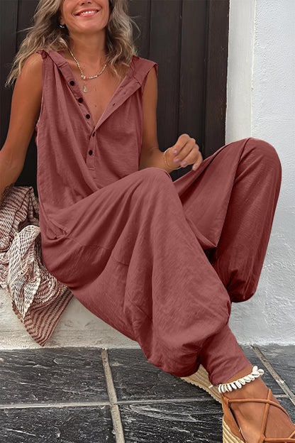 Full Size Half Button Sleeveless Jumpsuit Dark Brown