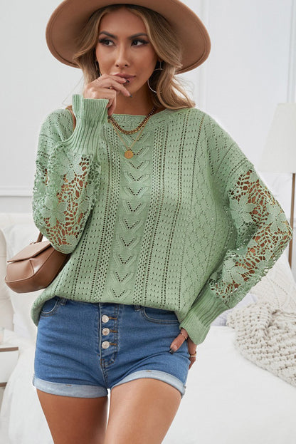 Openwork Lantern Sleeve Dropped Shoulder Sweater Light Green