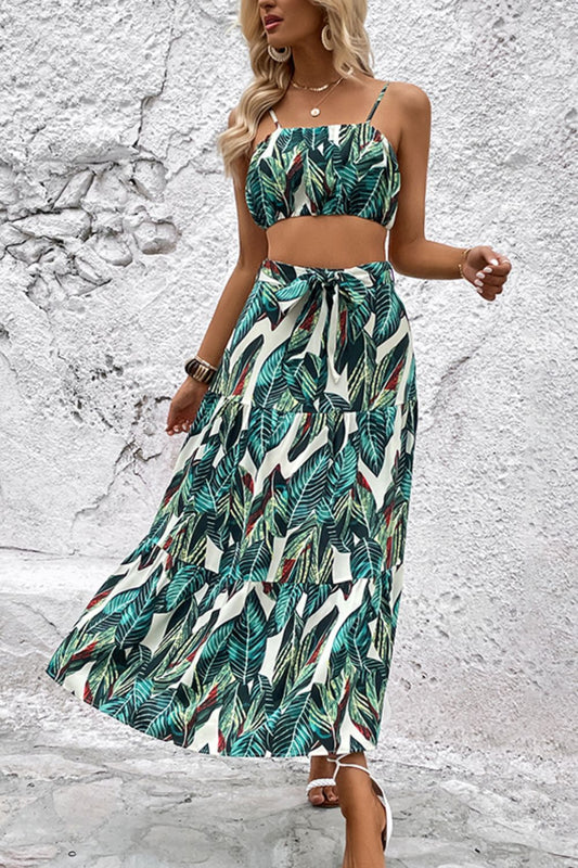 Botanical Print Cami and Tiered Skirt Set Turquoise