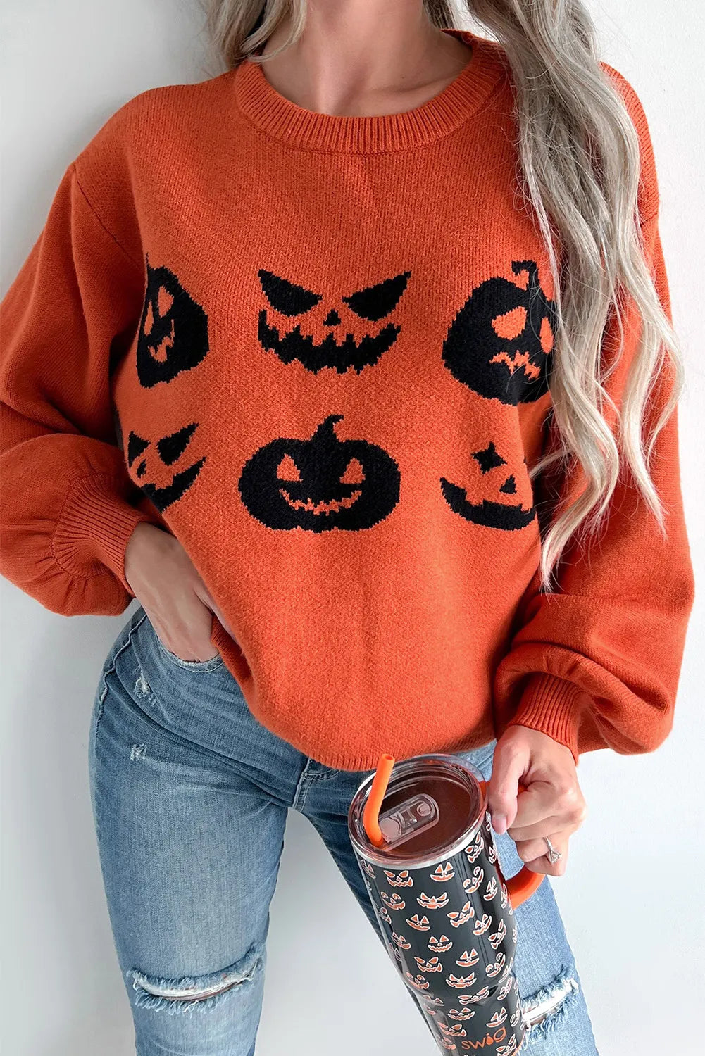 Pumpkin Pattern Round Neck Sweater Orange