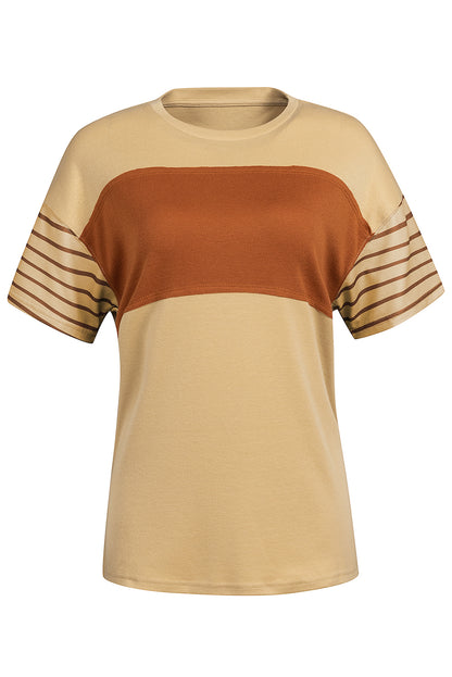 Striped Round Neck Short Sleeve T-Shirt Tan