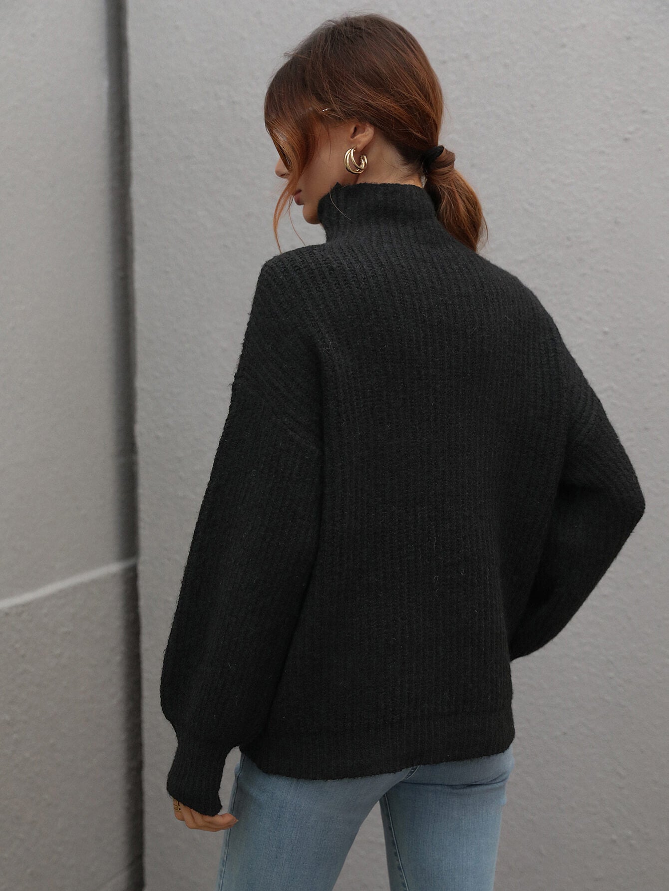 Woven Right High Neck Balloon Sleeve Rib-Knit Pullover Sweater