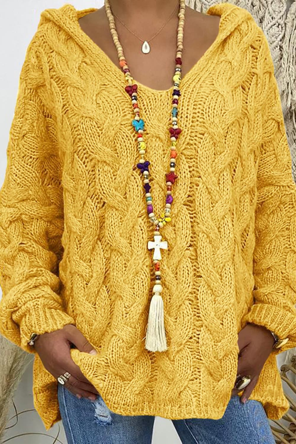 Cable-Knit Hooded Sweater Yellow