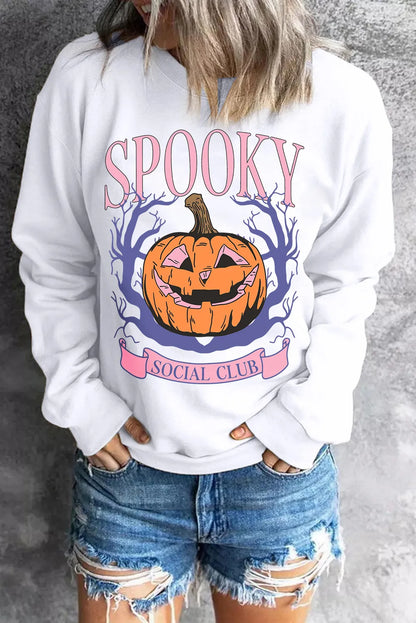 Jack-O'-Lantern Round Neck Long Sleeve Sweatshirt White