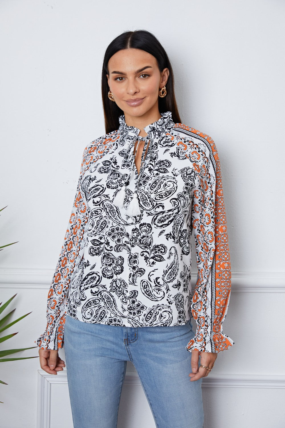 Tassel Tie Neck Printed Smocked Long Sleeve Blouse White