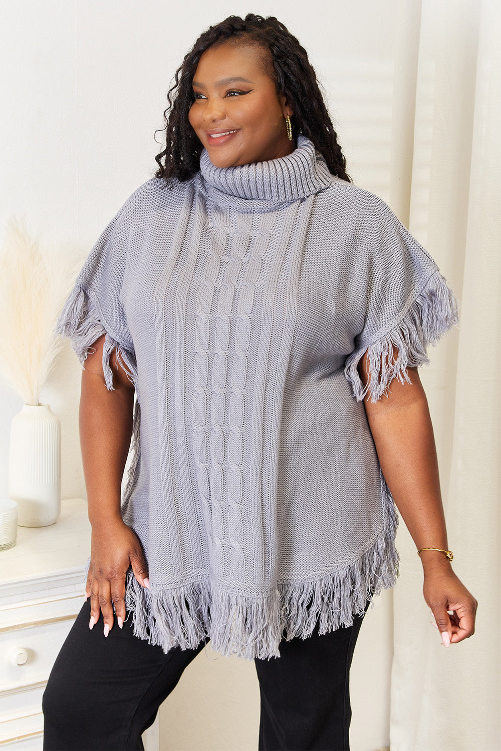 Justin Taylor Turtle Neck Fringe Poncho - Thandynie