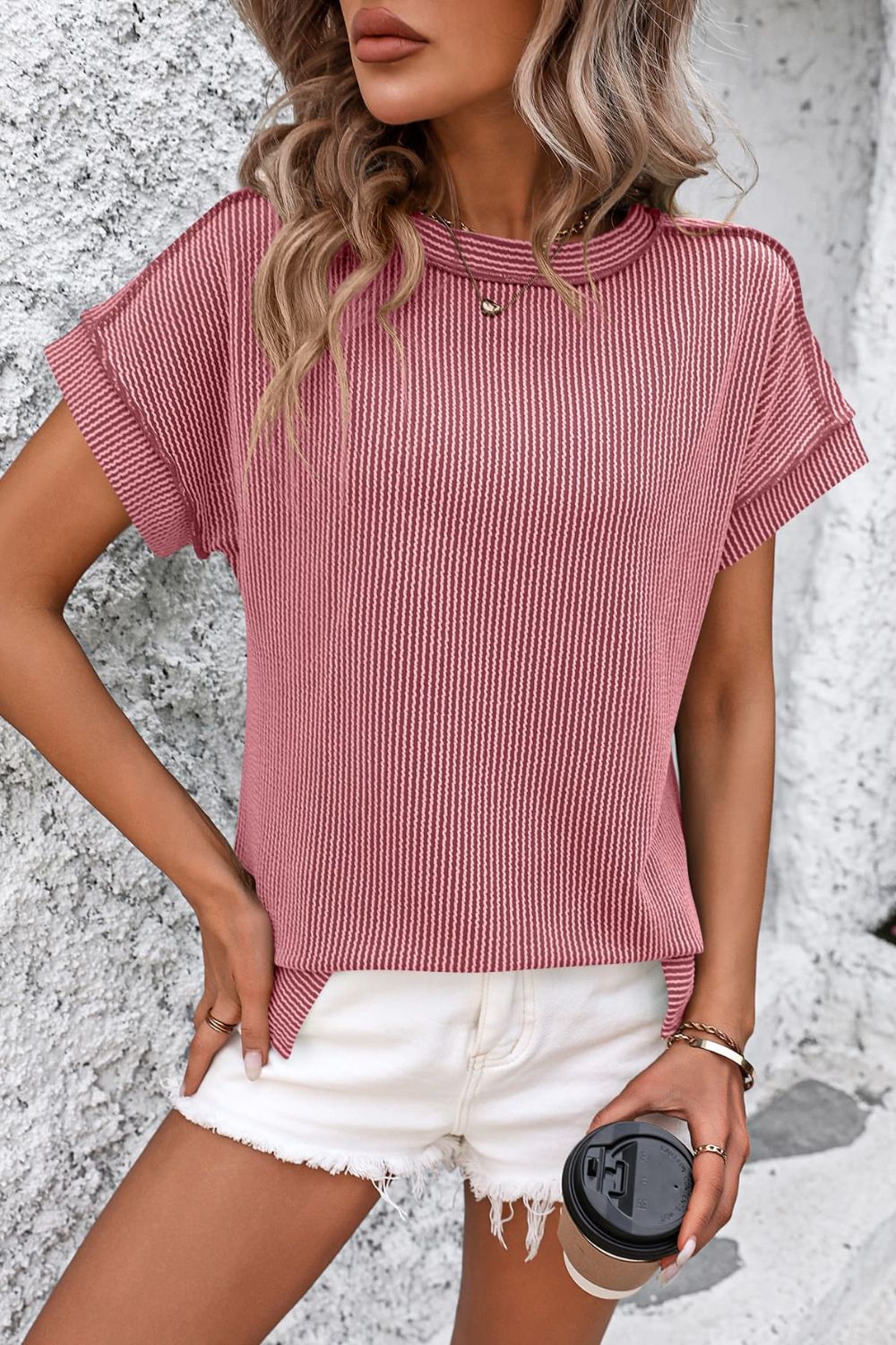 Striped Round Neck Short Sleeve T-Shirt Deep Rose