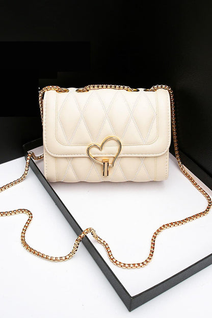 Heart Buckle PU Leather Crossbody Bag Cream One Size