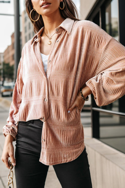 Ruched Button Up Collared Neck Shirt Watermelon pink