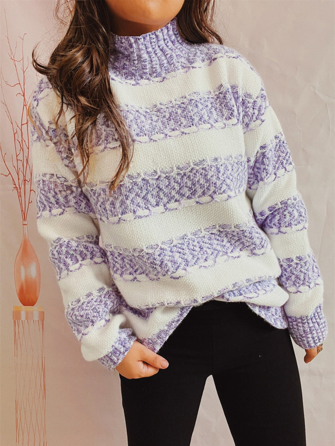 Striped Turtleneck Long Sleeve Sweater – Warm, Stylish Knit for Fall & Winter