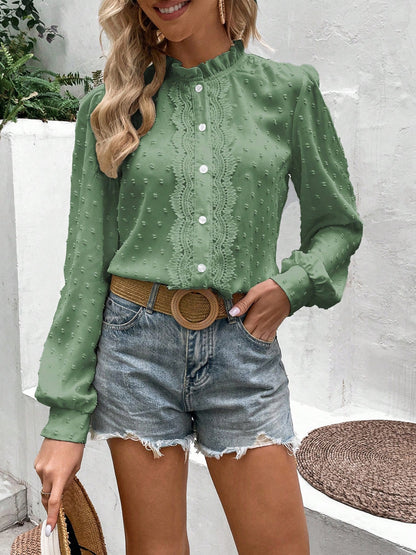 Swiss Dot Lace Detail Button Up Long Sleeve Shirt Mid Green