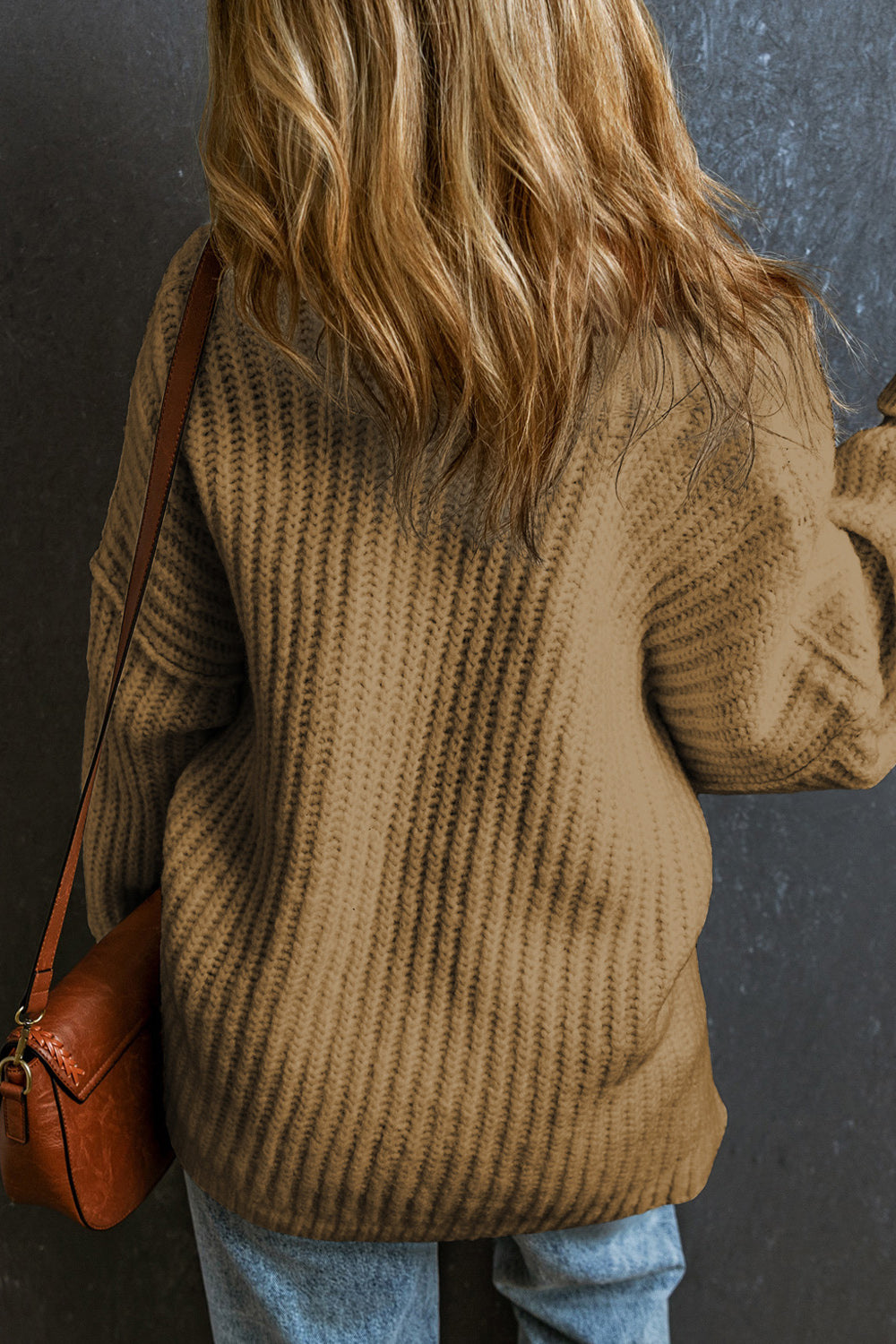 Ribbed Round Neck Dropped Shoulder Sweater