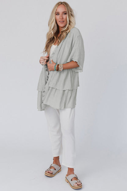 Gray Ruffled Trim Half Sleeve Open Front Kimono