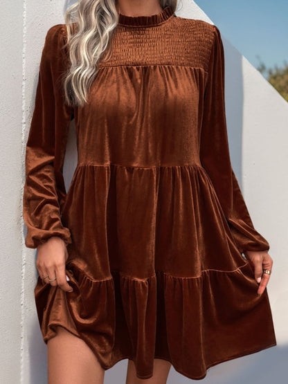 Perfee Tiered Ruched Mock Neck Long Sleeve Dress Caramel