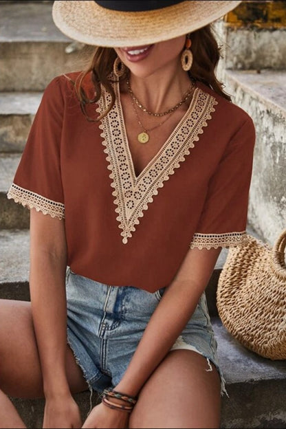 Full Size Lace Detail V-Neck Short Sleeve Blouse Brown