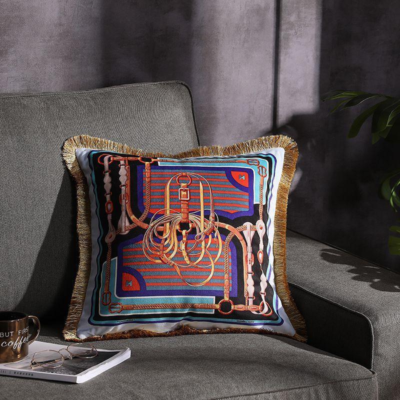 Double-sided Printed Fringe Pillow Sofa Cushion Belt buckle 45x45cm Excluding core