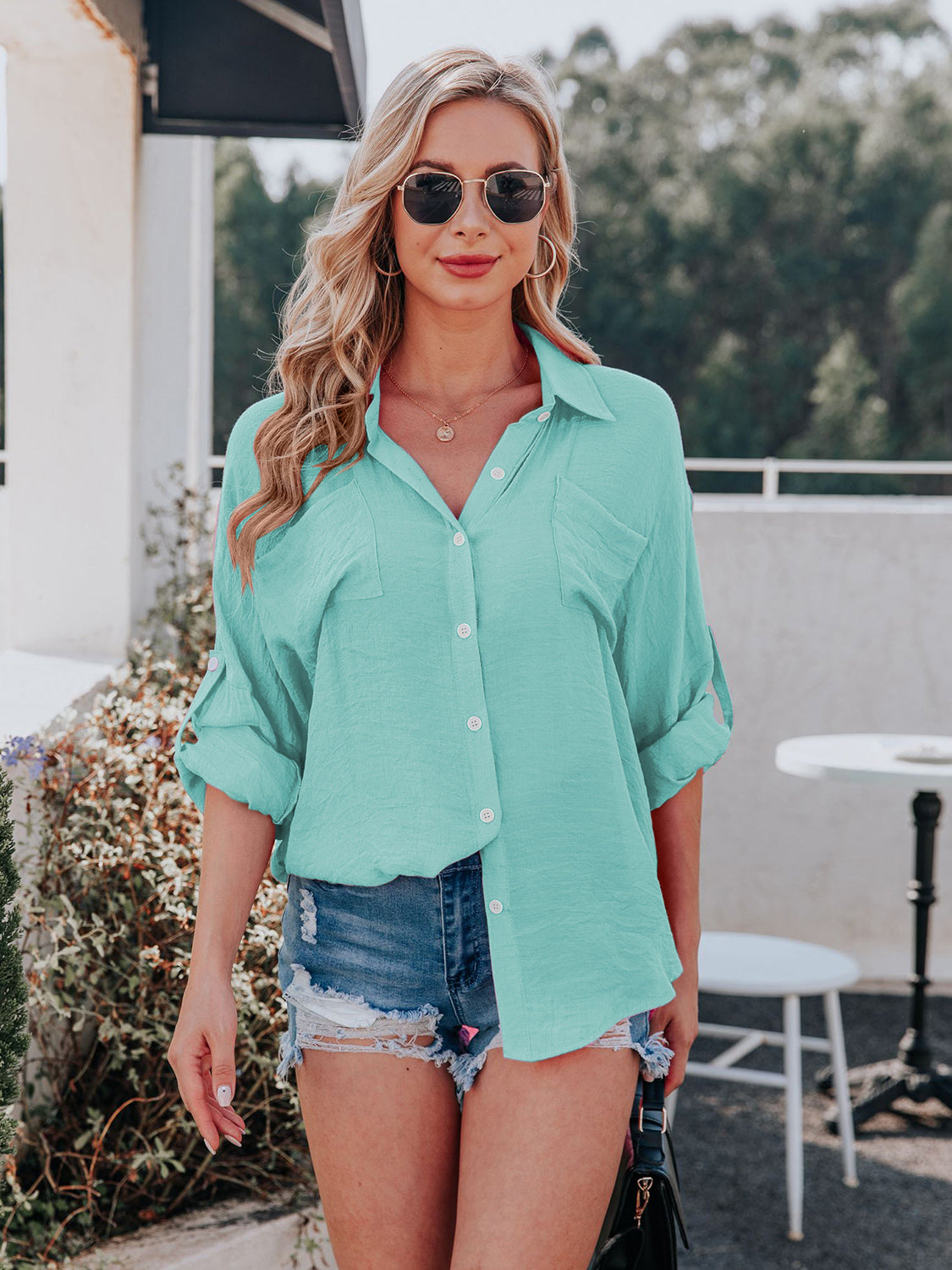 Collared Neck Button Up Shirt Turquoise