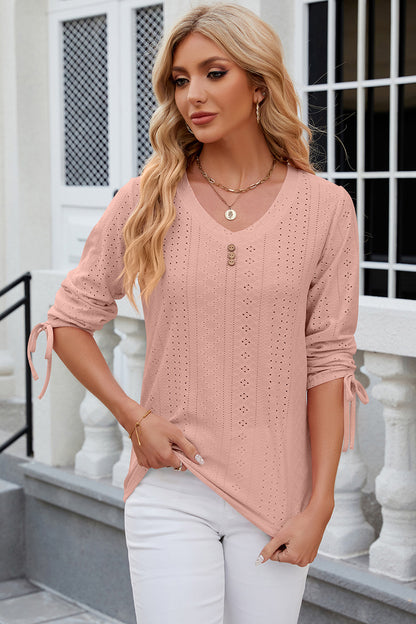 Eyelet Drawstring V-Neck Half Sleeve T-Shirt