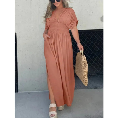 Fashion Bat-sleeved V-neck Slit Dress Summer Short Sleeve Elastic Waist Long Dresses Womens Clothing Caramel Color