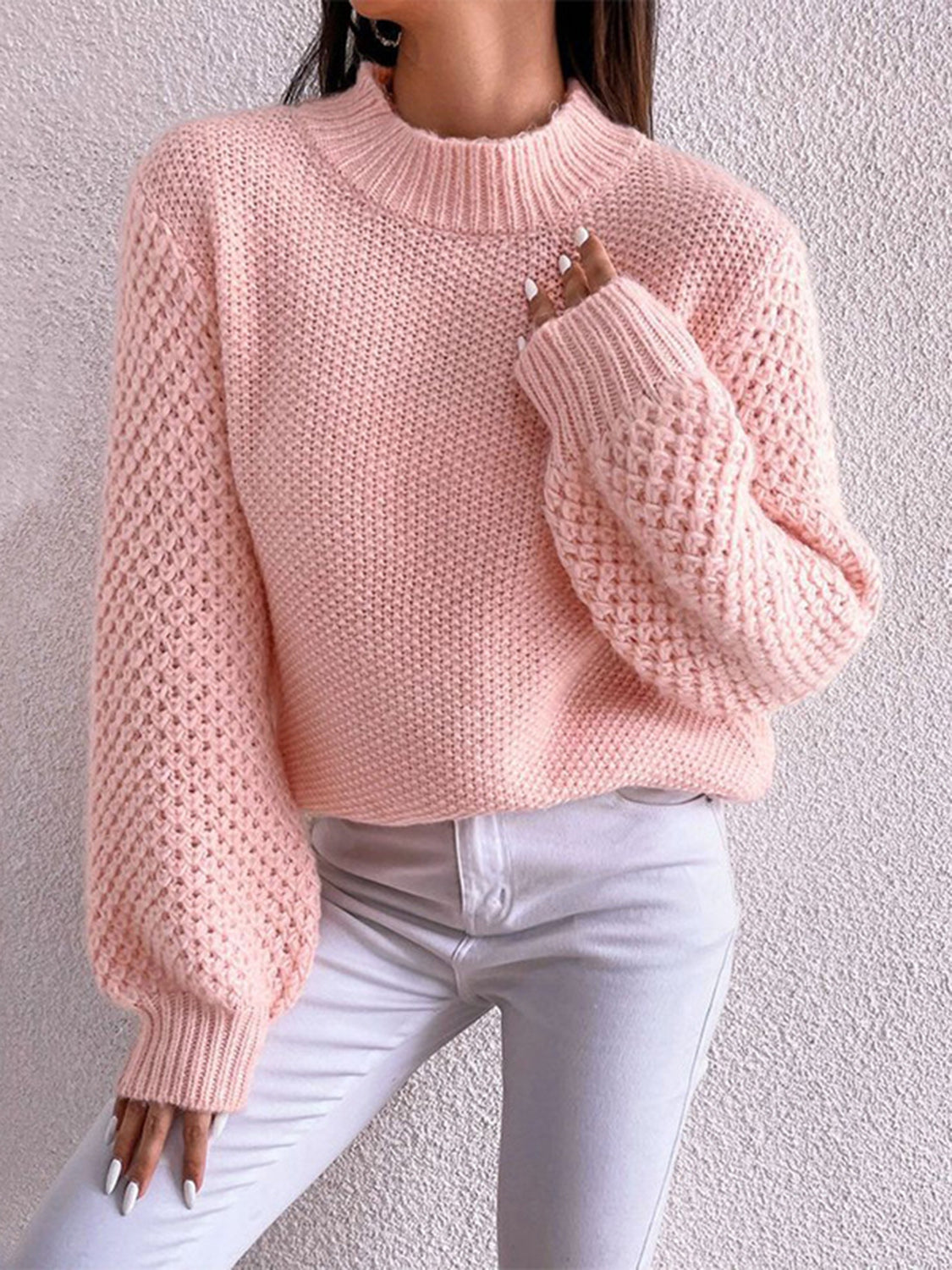 Openwork Mock Neck Long Sleeve Sweater Dusty Pink