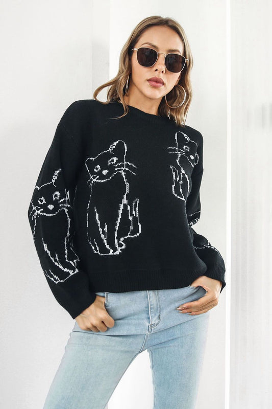 Cat Pattern Round Neck Long Sleeve Pullover Sweater Black