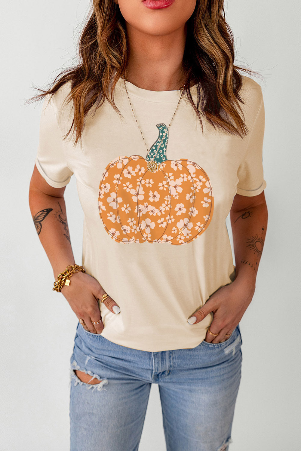 Pumpkin Graphic Round Neck Cuffed T-Shirt Cream