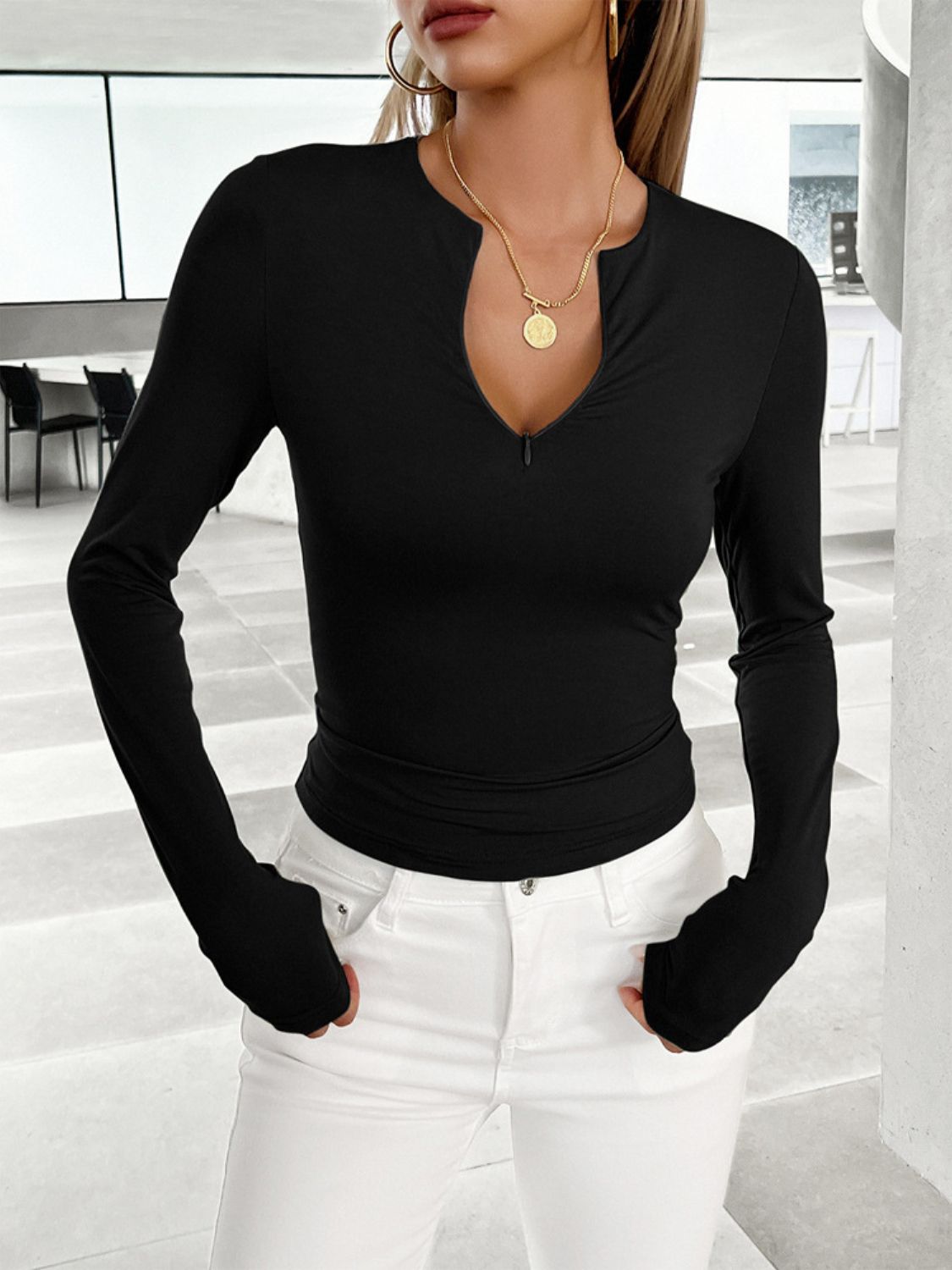 Notched Long Sleeve T-Shirt Black