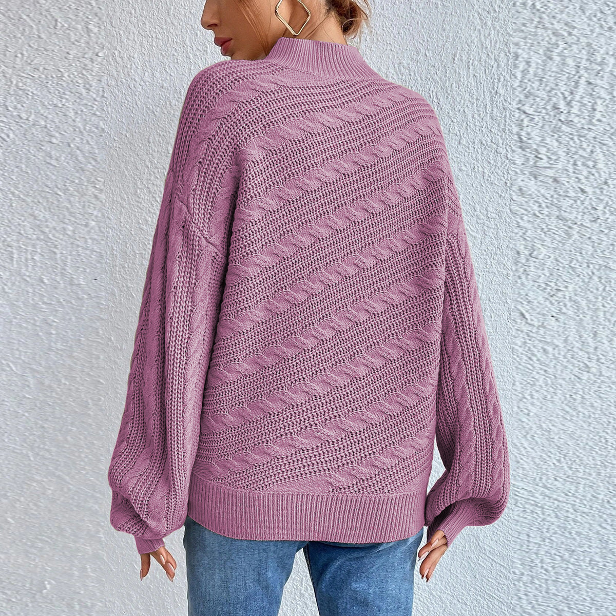 Cable-Knit Mock Neck Long Sleeve Sweater