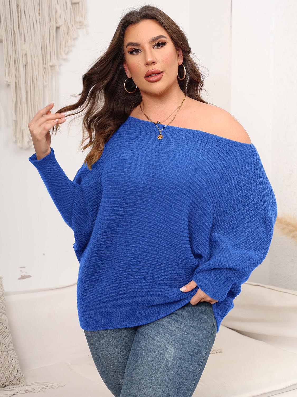 Full Size Boat Neck Batwing Sleeve Sweater Royal Blue