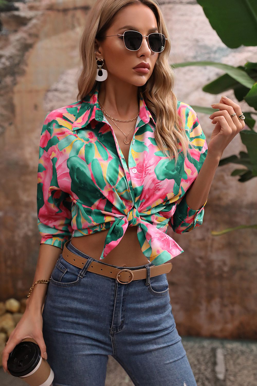 Floral Print Collared Neck Long Sleeve Shirt - Thandynie