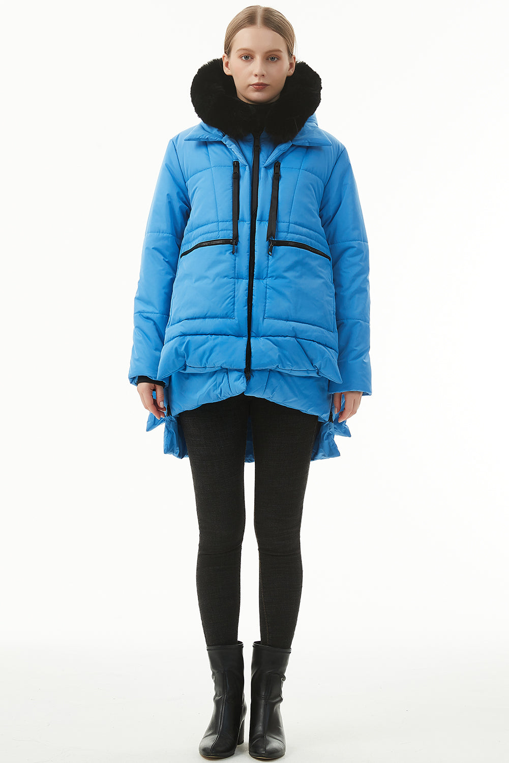 Blue Plush Linen Zip Up Hooded Puffer Coat