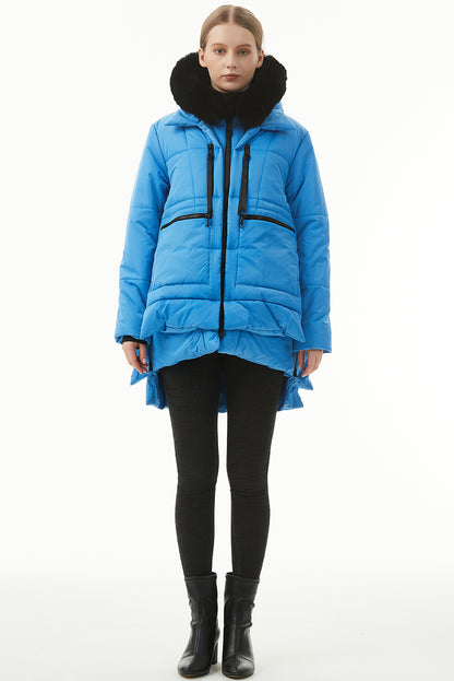 Blue Plush Linen Zip Up Hooded Puffer Coat